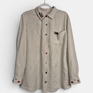 CJ Banks Embroidered Button Down Shirt Oatmeal Beige Geometric Linen Blend Top